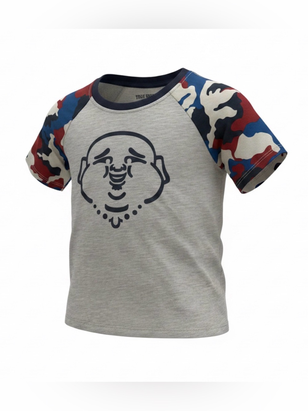 True Religion Gray Tee with Red, Blue & Cream Camo Raglan Sleeves